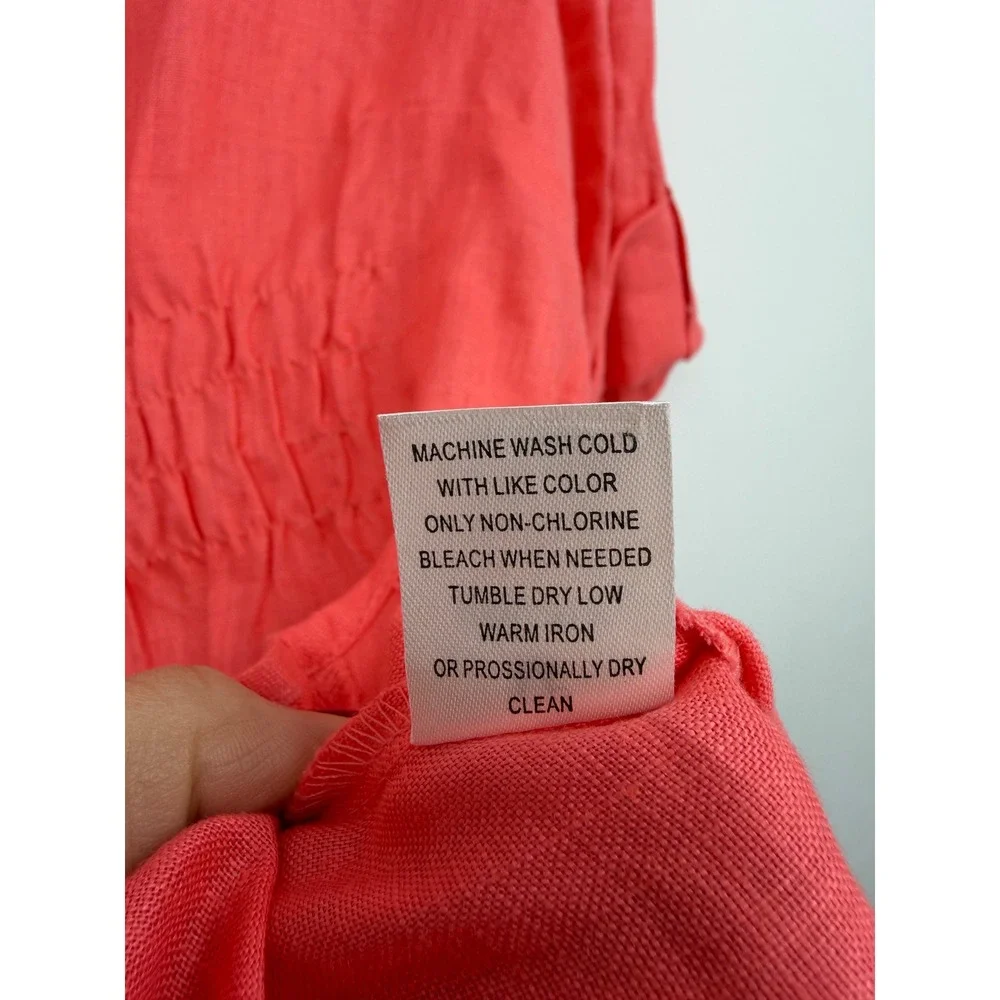 Harve‎ Benard Smocked Waist Linen Blouse Womens Size Medium Coral Pink Roll Tab